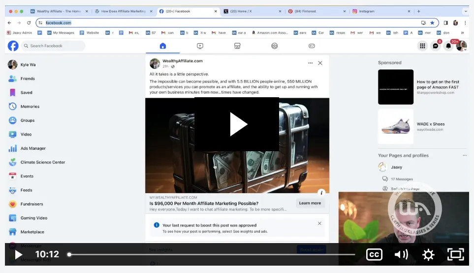 The image shows a Facebook page in a web browser with an advertisement for "WealthyAffiliate.com". The ad includes a video thumbnail depicting an old-fashioned metal gumball machine or candy dispenser filled with cash, along with text asking if spending $96,000 per month on affiliate marketing is possible. The ad suggests affiliate marketing can provide a substantial income opportunity.