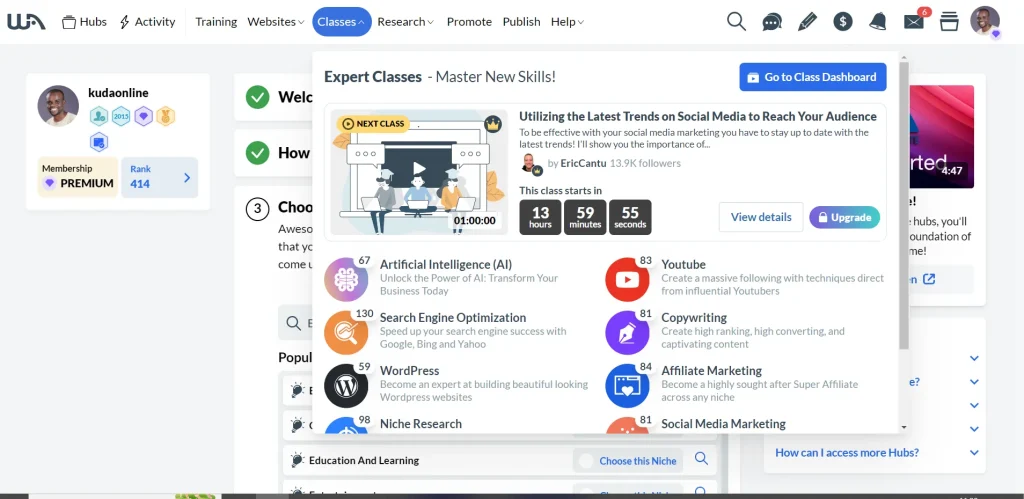 Showcasing a user's dashboard on a learning platform with a focus on online marketing and business skills, indicating membership status, ranking, and upcoming expert classes on topics like social media trends, AI, SEO, and WordPress