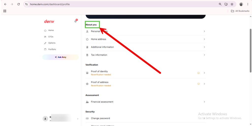 A profile dashboard page displays a red arrow pointing to the “About you” tab, which is highlighted in green. Various personal and verification options are listed below, including steps on how to change email on Deriv and access Deriv email verification features.