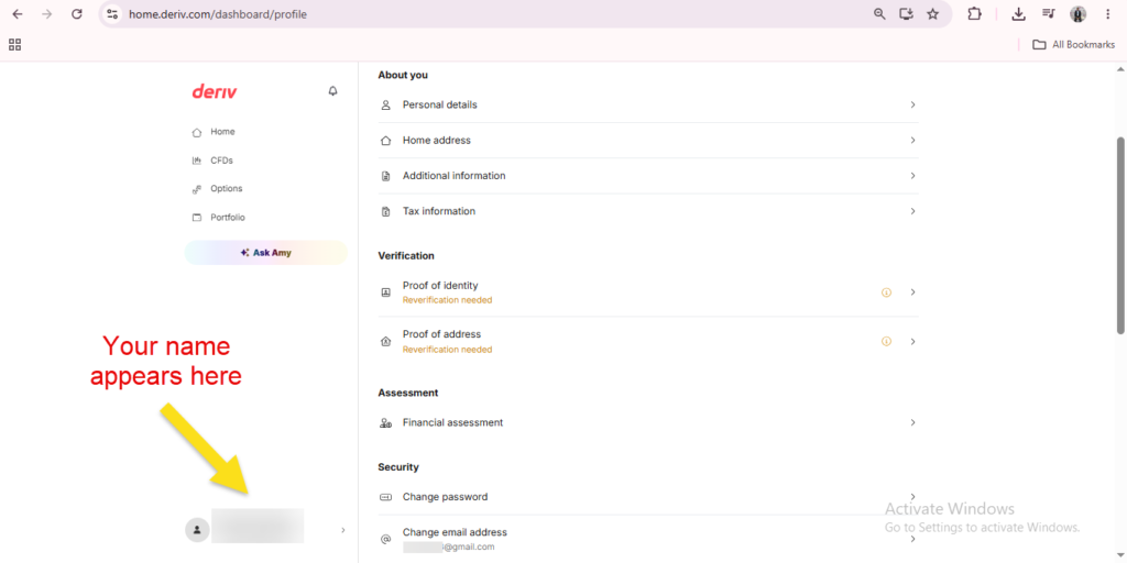 A dashboard profile page with a yellow arrow and text saying “Your name appears here” pointing to a blurred section, indicating where the user’s name is displayed. You can also find options nearby to update Deriv account email or complete Deriv email verification for added account security.