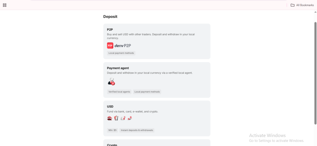 Deposit options screen showing P2P trading, payment agent, and USD methods. Each option includes a brief description and labeled buttons to help you navigate the various Deriv deposit methods with ease. For users seeking a straightforward approach to fund their accounts, this Deriv deposit guide ensures each step is clear. "Activate Windows" text is visible in the bottom right corner. Deposit options screen showing P2P trading, payment agent, and USD methods. Each option includes a brief description and labeled buttons to help you navigate the various Deriv deposit methods with ease. For users seeking a straightforward approach to fund their accounts, this Deriv deposit guide ensures each step is clear. "Activate Windows" text is visible in the bottom right corner.