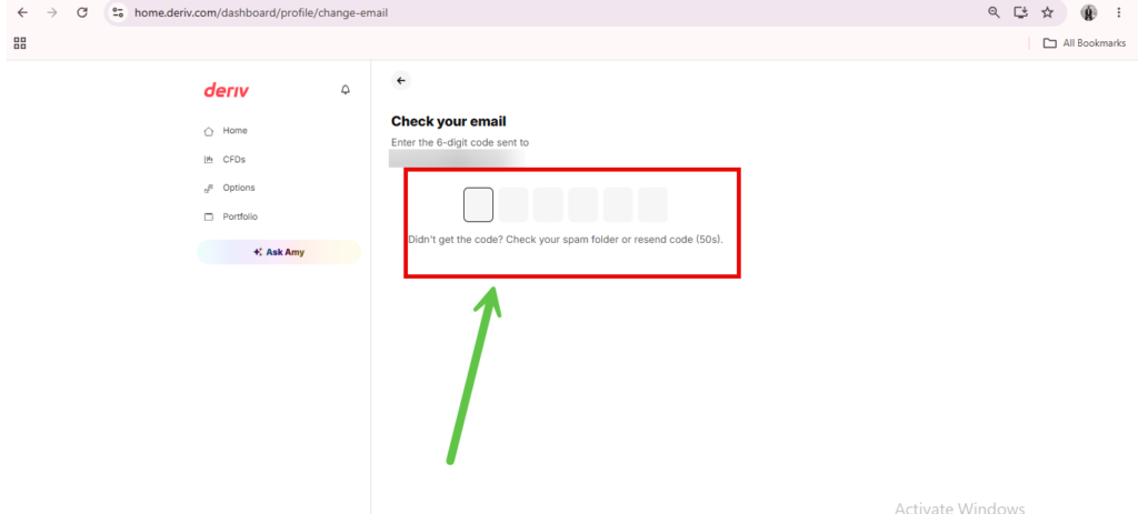 A webpage prompts the user to enter a 6-digit Deriv email verification code. A large green arrow points to the input boxes, which are highlighted with a red rectangle, guiding users through the process to update Deriv account email in their Deriv account settings.