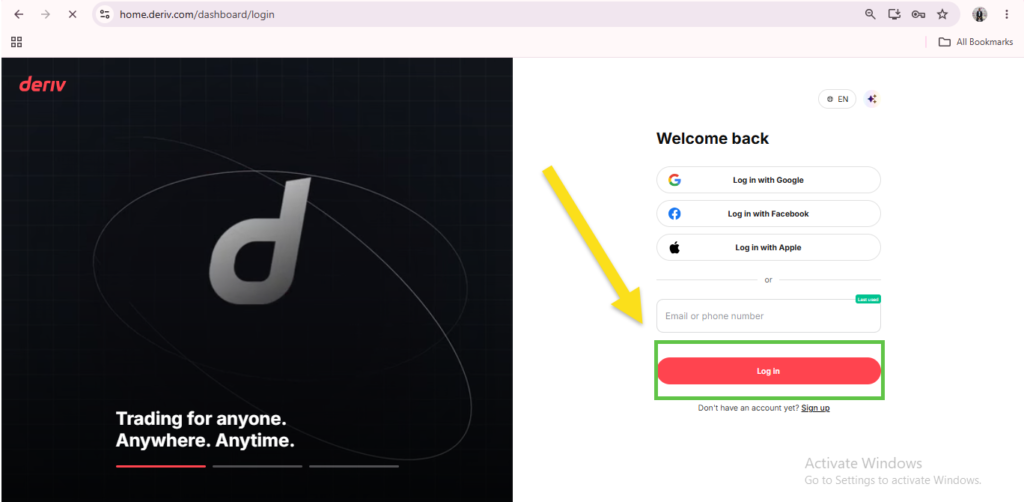 Deriv login page with options to log in via Google, Facebook, or Apple, and a highlighted “Log in” button for email or phone number access. A large yellow arrow points to the log in button, making it easy for users who want to update Deriv account email or need Deriv email verification before accessing their accounts.