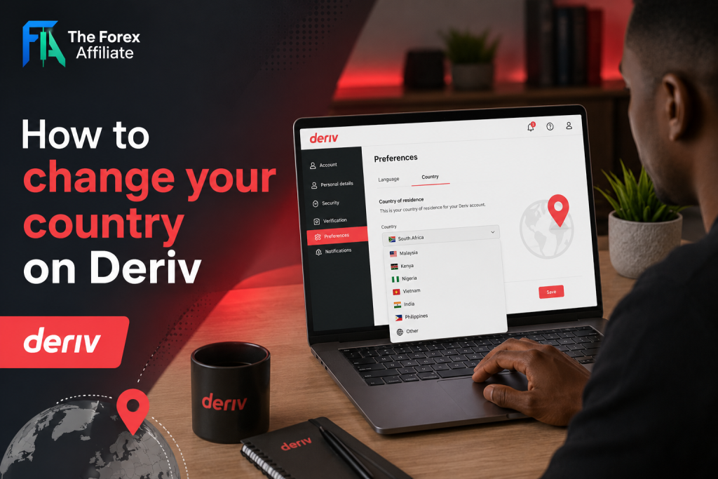 A person sits at a desk with a laptop showing the Deriv settings screen, demonstrating how to change your country on Deriv by selecting an option from a dropdown list. Text reads: “How to change your country on Deriv.” A mug and notebook with Deriv branding are also placed on the desk.