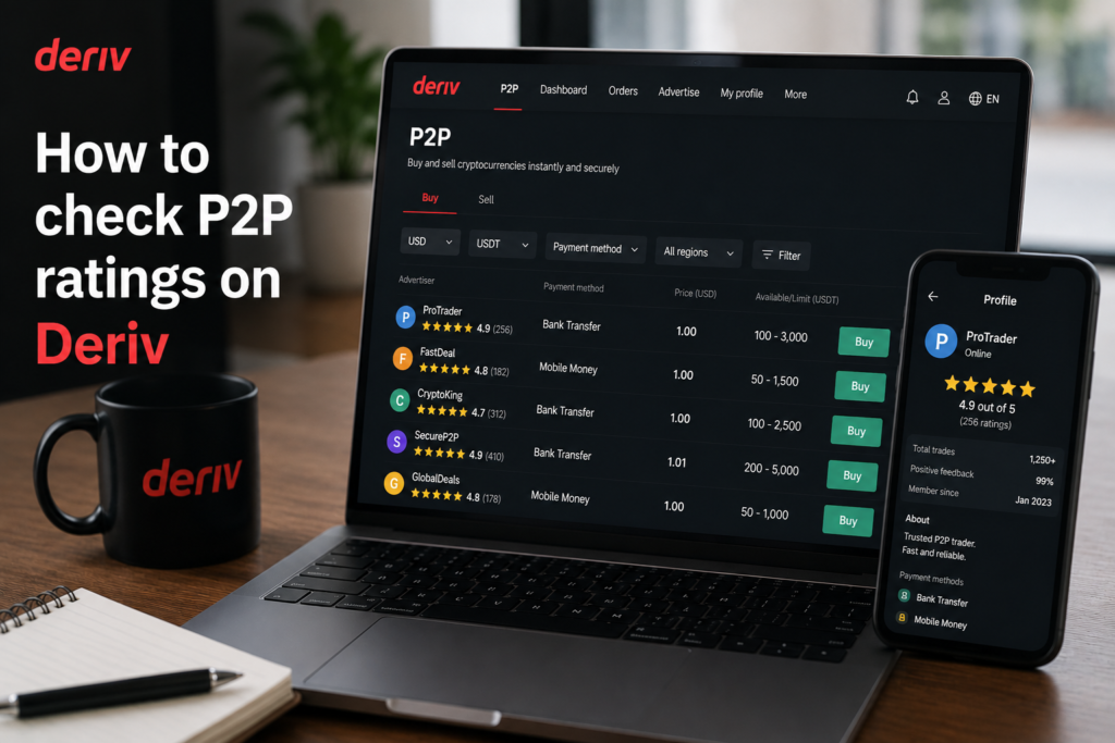 A laptop and smartphone display Deriv’s P2P rating page, illustrating how to check P2P ratings on Deriv. Text on the left reads "How to check P2P ratings on Deriv." A notepad and pen are on the desk.