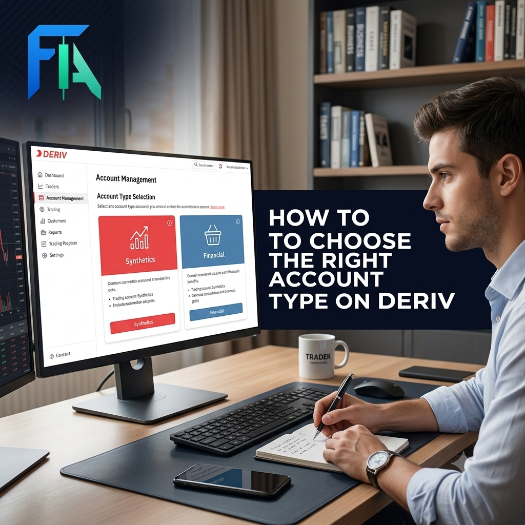 A man sits at a desk using a computer displaying a screen titled "Account Type Selection" on Deriv, with options for Synthetics and Financial accounts. Text reads, "How to choose the right account type on Deriv," offering guidance on how to choose the right account type for your trading needs.