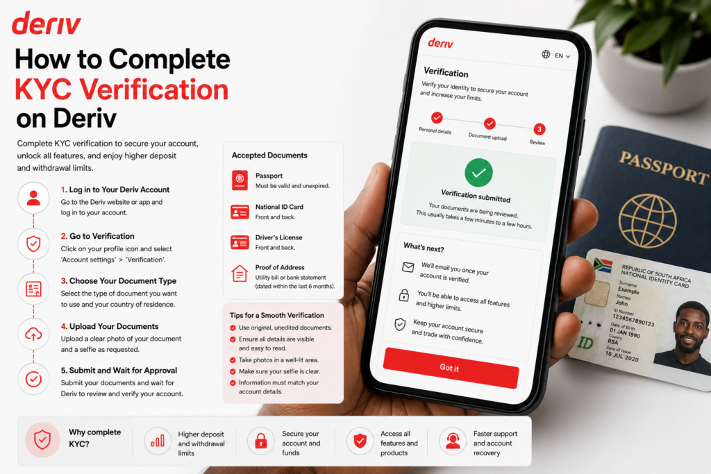 A hand holds a phone displaying a KYC verification screen; next to it are a Nigerian passport and ID card. The image features a step-by-step guide on how to complete KYC verification, along with a list of accepted documents for the process.