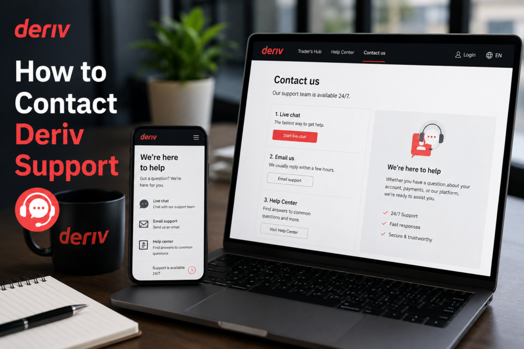 A laptop and smartphone display Deriv's support page with contact options like live chat and email. Text reads "How to Contact Deriv Support" with the Deriv logo and support icon on the left, providing a clear guide on how to contact Deriv support for assistance.