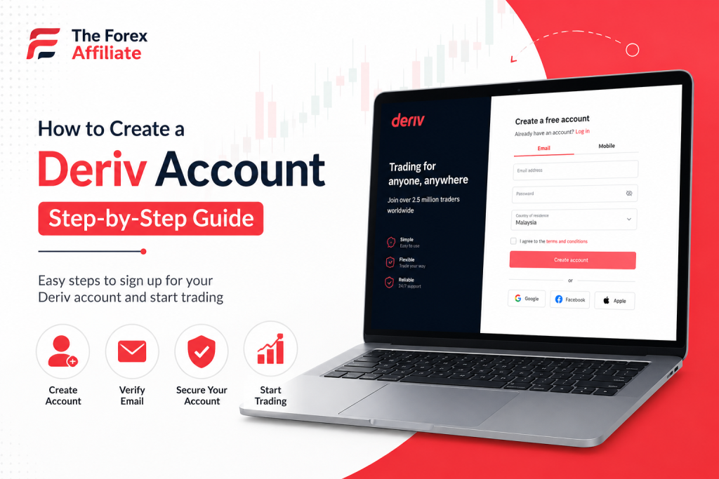 A promotional graphic shows a laptop displaying the Deriv account sign-up page, with text: "How to Create a Deriv Account Step-by-Step Guide," highlighting how to create a Deriv account with four icons on a red and white background.