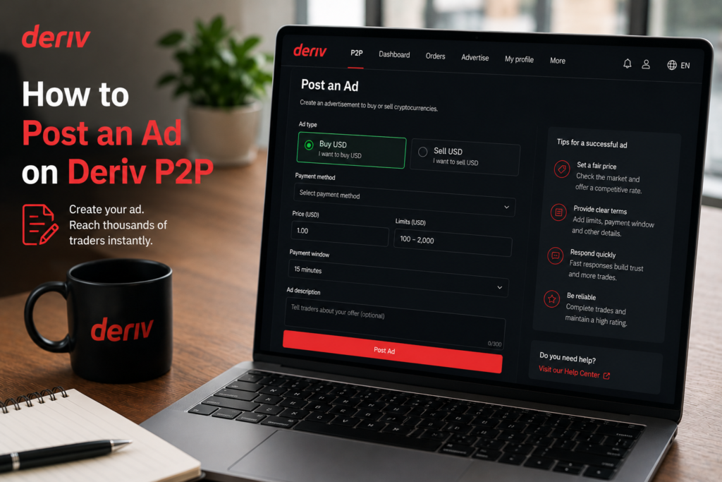 A laptop on a desk displays clear instructions on how to post an ad on Deriv P2P. A Deriv mug and a plant are beside the laptop, creating a tidy workspace. The screen shows detailed ad creation steps and tips for success.