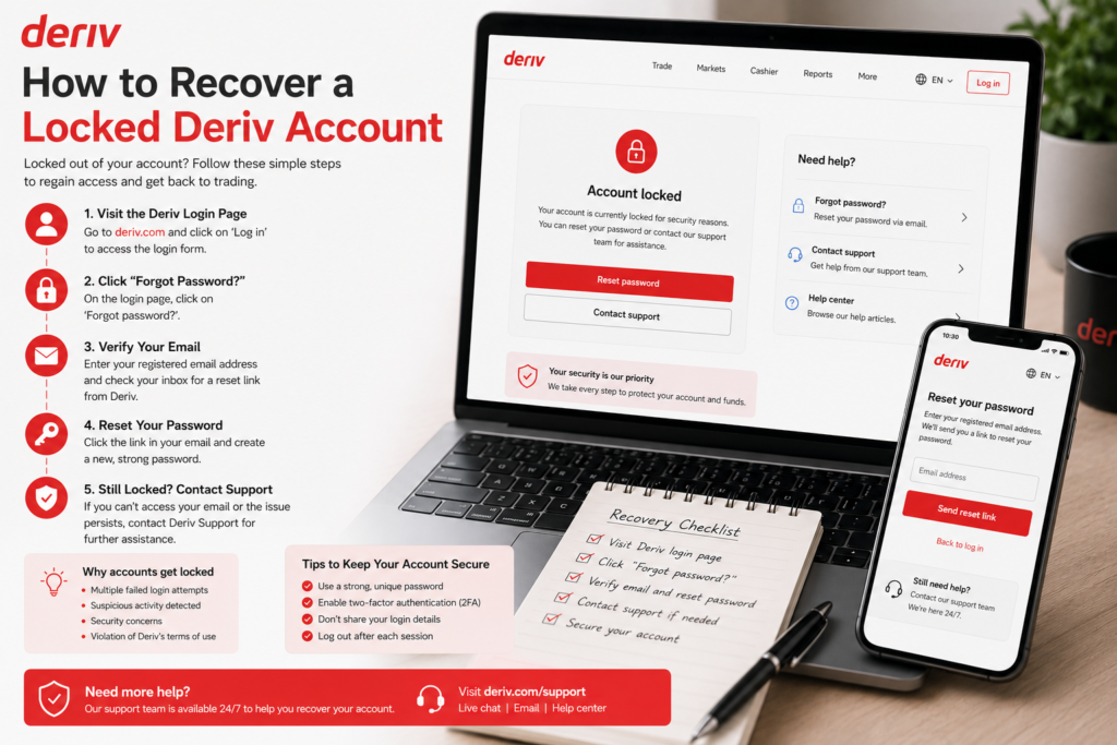 A laptop, phone, and notepad display steps for Deriv account recovery, helping you recover a locked Deriv account. The steps include resetting your password, verifying your email, and contacting support. A red banner and support links are visible.