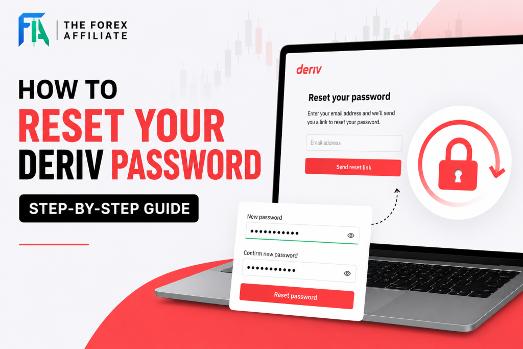 A laptop displays the Deriv password reset page, featuring a floating password form. Text on the screen reads, “How to reset your Deriv password: Step-by-step guide.” The Forex Affiliate logo is prominently shown at the top left, guiding users through how to reset your Deriv password with ease.