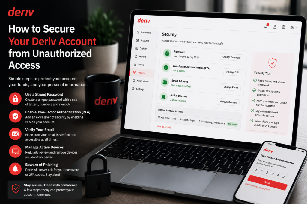 A laptop and phone display a Deriv account security page. Tips on how to secure your account from unauthorized access, such as using strong passwords and enabling two-factor authentication, are listed beside a lock icon.