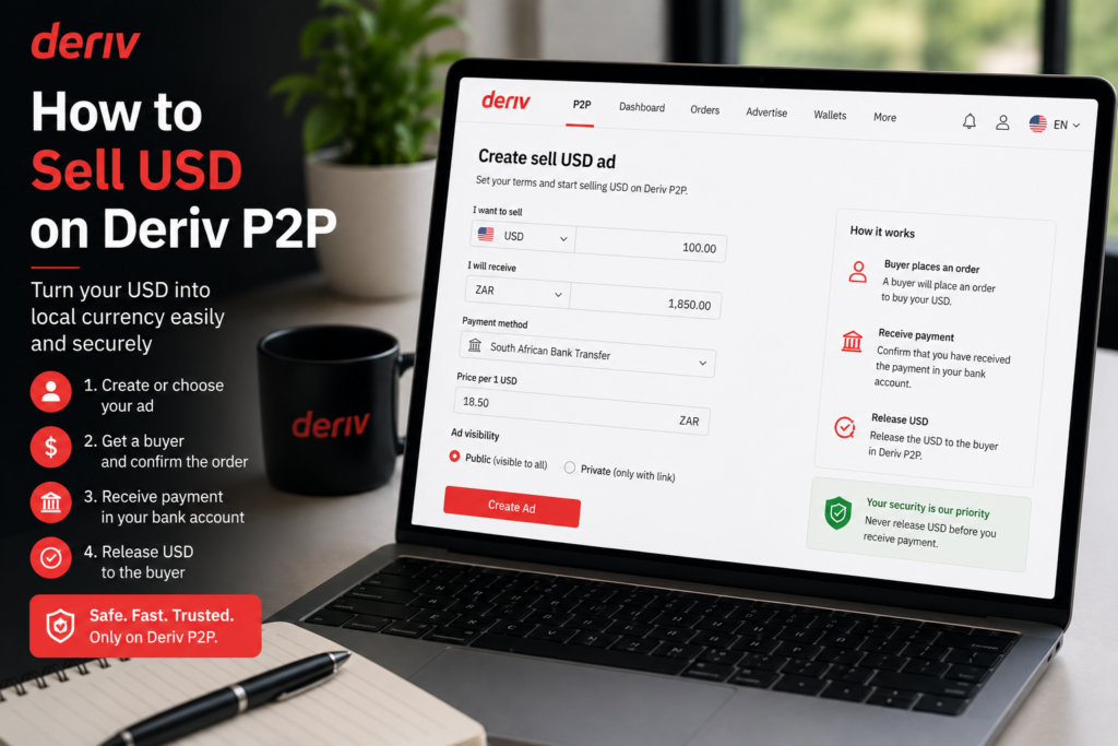 A laptop displays the Deriv P2P platform with clear instructions on how to sell USD on Deriv P2P. Step-by-step icons guide you through the process: create an ad, get a buyer, confirm payment, and release USD. A coffee cup labeled "deriv" sits beside the laptop.