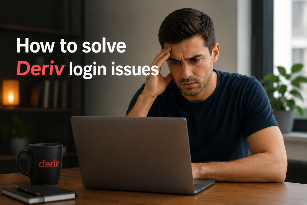 A man sits at a desk, looking worried while using a laptop. Text on the image reads "How to solve Deriv login issues." A black mug with "deriv" printed on it is also on the desk, highlighting the frustration of can’t log into Deriv or facing Deriv account access problems.