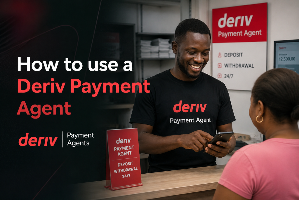 A man in a "Deriv Payment Agent" shirt assists a woman at a counter, offering guidance on how to use a Deriv Payment Agent. Signage displays "How to use a Deriv Payment Agent" and mentions deposit and withdrawal services available 24/7.