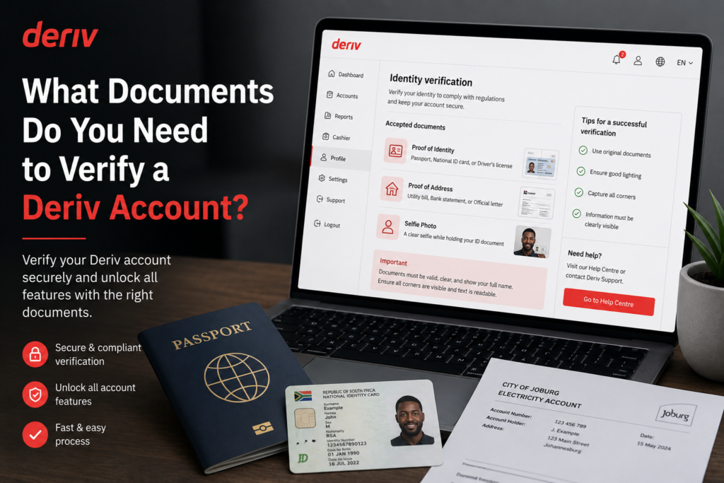 A laptop screen displays the Deriv account verification page. Next to it are a passport, an ID card, and a utility bill—clearly answering the question: What documents do I need to verify my Deriv account? Text on the screen explains that these essential documents are typically required for successful account verification.
