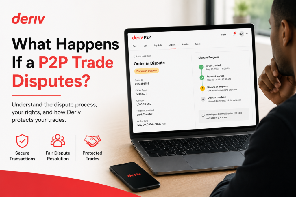 A person views a Deriv platform screen showing a P2P trade dispute. Text explains what happens if a P2P trade disputes arise, highlighting dispute support and trade protection, with icons for secure transactions, fair resolution, and protected trades.
