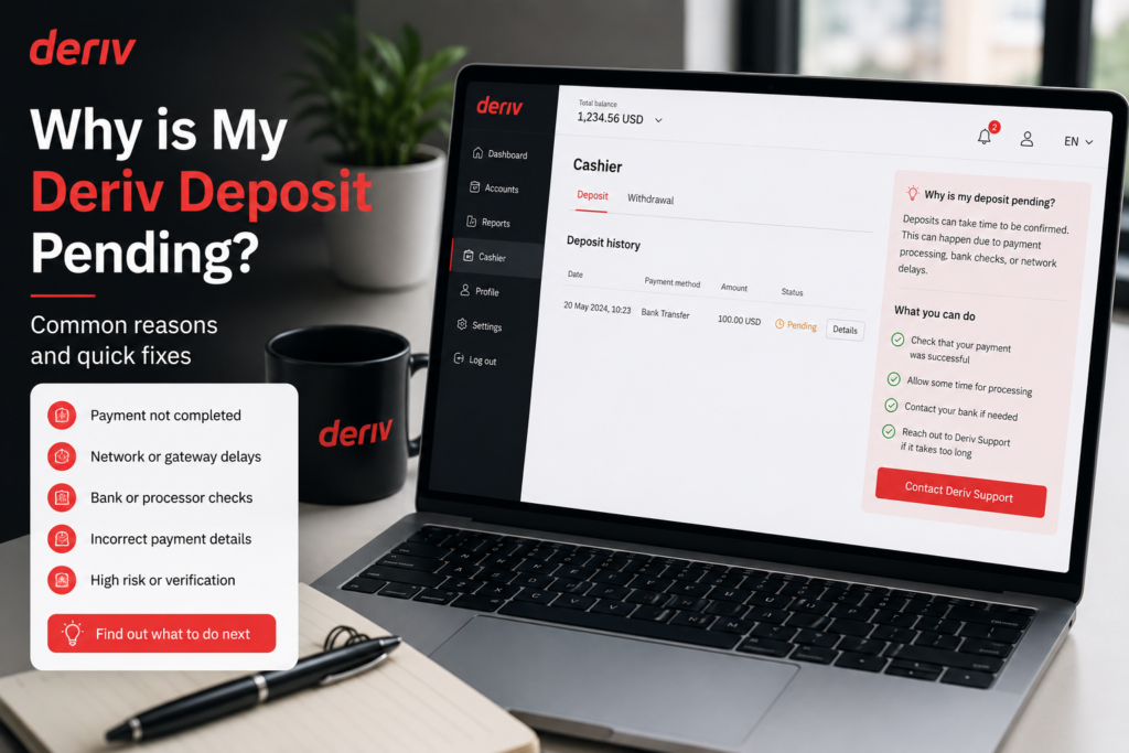 A laptop shows a Deriv deposit screen. Text explains why is my Deriv deposit pending, listing causes like payment not completed and network delays, and offers solutions. A coffee mug and notepad are beside the laptop.