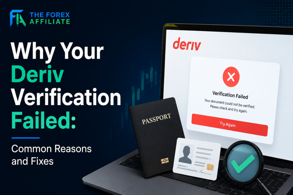 A laptop screen shows a "Verification Failed" message for Deriv, with a passport and ID card nearby. Text reads: Why Your Deriv Verification Failed: Common Reasons and Fixes—helping you understand why your Deriv verification failed and how to resolve it quickly.