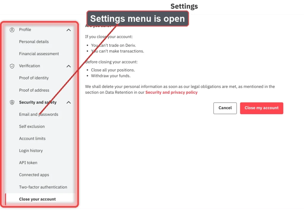 A settings menu is open on a website, showing options like Profile, Personal details, Financial assessment, Verification, Security and safety, and "Close your account." A highlighted note says "Settings menu is open," guiding users through important actions such as Deriv account closure or learning how to delete a Deriv account.