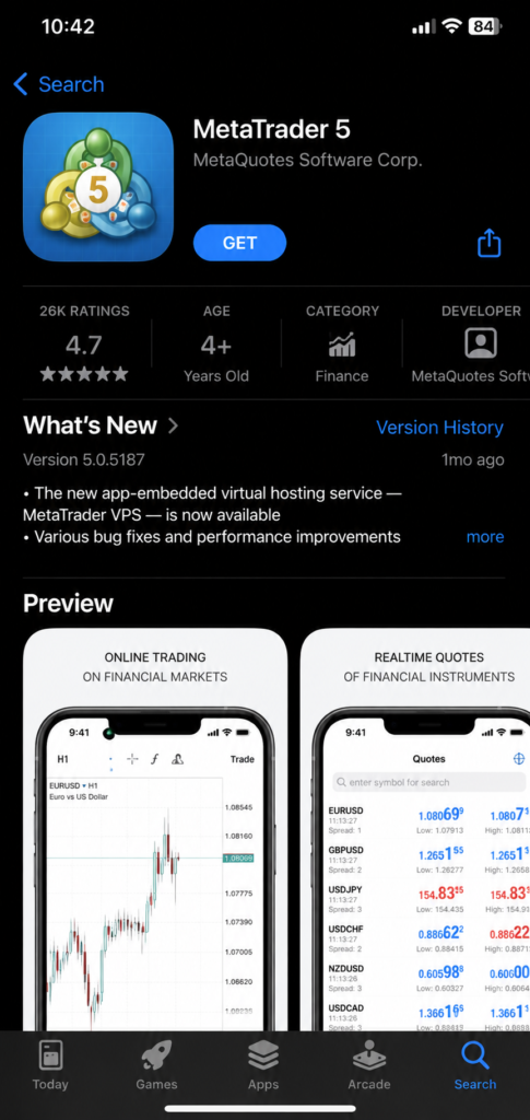 MetaTrader 5 app page in the App Store, showing an icon, ratings, age, developer info, what’s new, and preview images of trading features, charts, and real-time financial quotes—including quick links to install MT5 on iPhone or complete your MT5 mobile setup with Deriv.