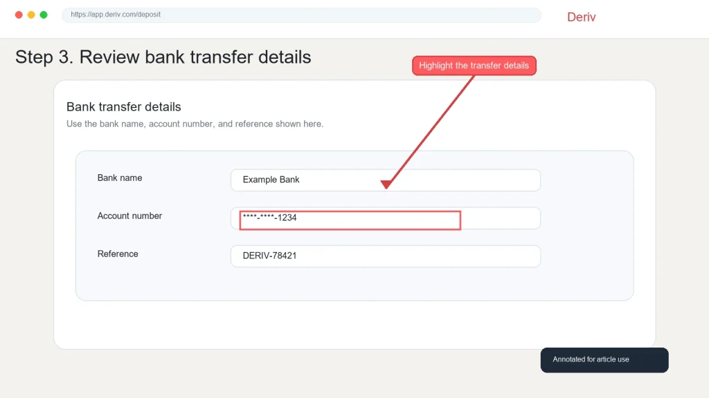 A webpage shows step 3 of reviewing your Deriv bank transfer details. A red arrow and box highlight the partially masked account number entry. The bank name, account number, and deposit reference fields are displayed.