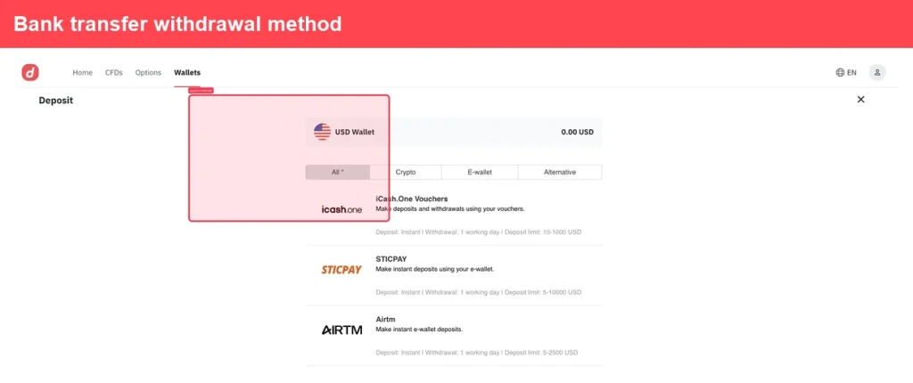 Screenshot of a financial platform's wallet deposit page, showing options for deposits via bank transfer, crypto, and e-wallet. USD Wallet is selected, and various payment services like STICPAY and Airtm are listed below.