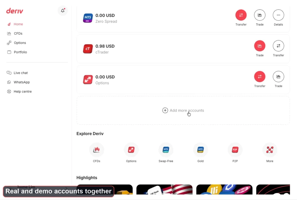 Screenshot of a trading platform dashboard showing account balances, options to add accounts, and navigation icons for features like CFDs, Options, Gold, and P2P. A banner at the bottom reads, "Real and demo accounts together. Screenshot of a trading platform dashboard showing account balances, options to add accounts, and navigation icons for features like CFDs, Options, Gold, and P2P. A banner at the bottom reads, "Real and demo accounts together.