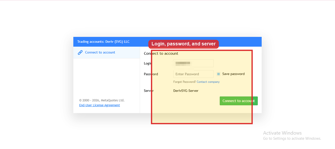 MT5 login screen with login, password, and server fields labeled