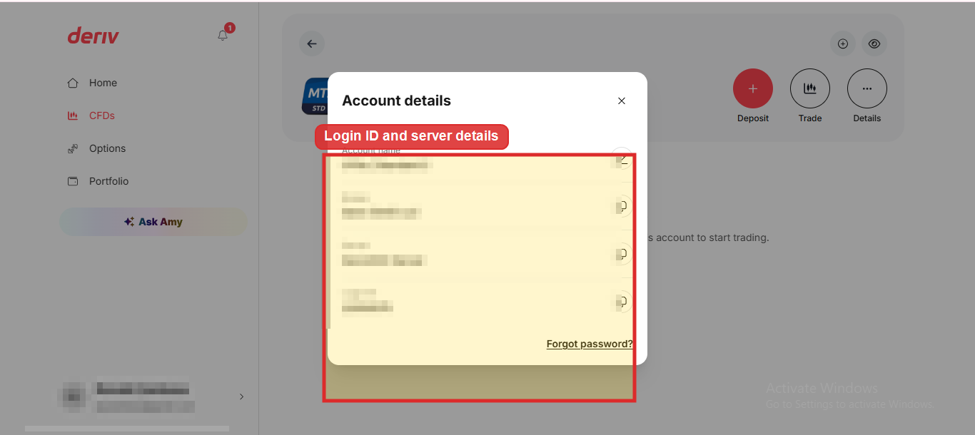 MT5 account credentials screen with login ID highlighted