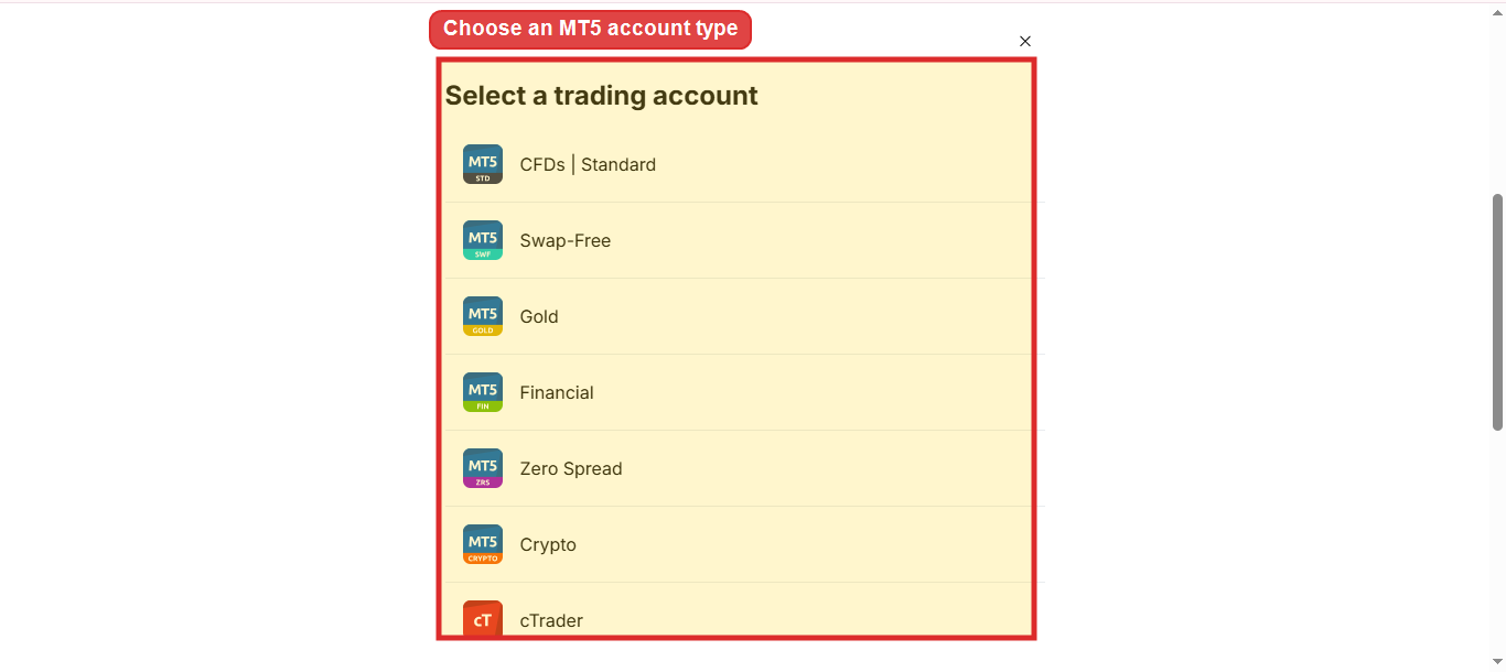 MT5 account type selection screen