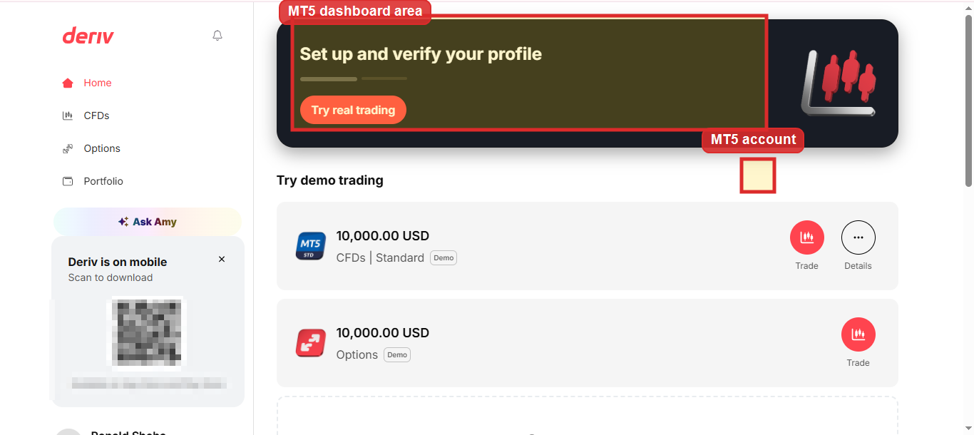 Deriv dashboard with the Trader's Hub and MT5 section highlighted