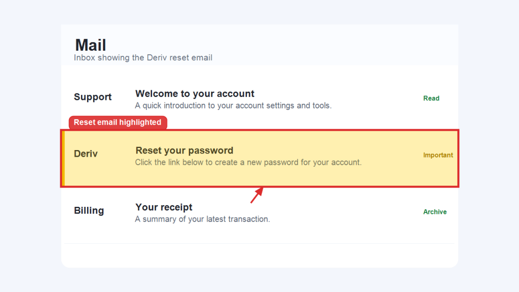 Screenshot of an email inbox showing a Deriv password reset email highlighted in yellow, with red labels and arrows pointing to the reset email and the link to create a new password—an essential step if you’re experiencing Deriv login issues or need to change your Deriv password after selecting ‘Deriv forgot password.’. Screenshot of an email inbox showing a Deriv password reset email highlighted in yellow, with red labels and arrows pointing to the reset email and the link to create a new password—an essential step if you’re experiencing Deriv login issues or need to change your Deriv password after selecting ‘Deriv forgot password.’.