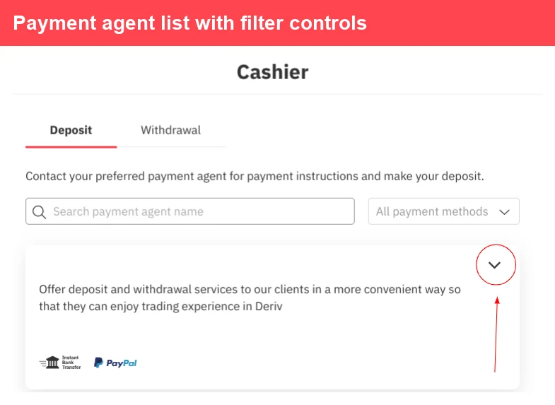 Screenshot of a cashier page for selecting payment agents, showing tabs for deposit and withdrawal, a search bar, payment method filter, and a dropdown for more details. Logos for bank transfer and PayPal are visible.