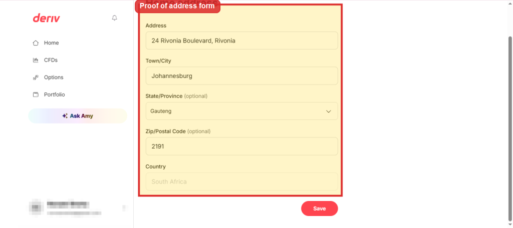 Deriv proof of address form on a website with fields for address, town/city, state/province, zip/postal code, and country. The form is filled out with South African address details.