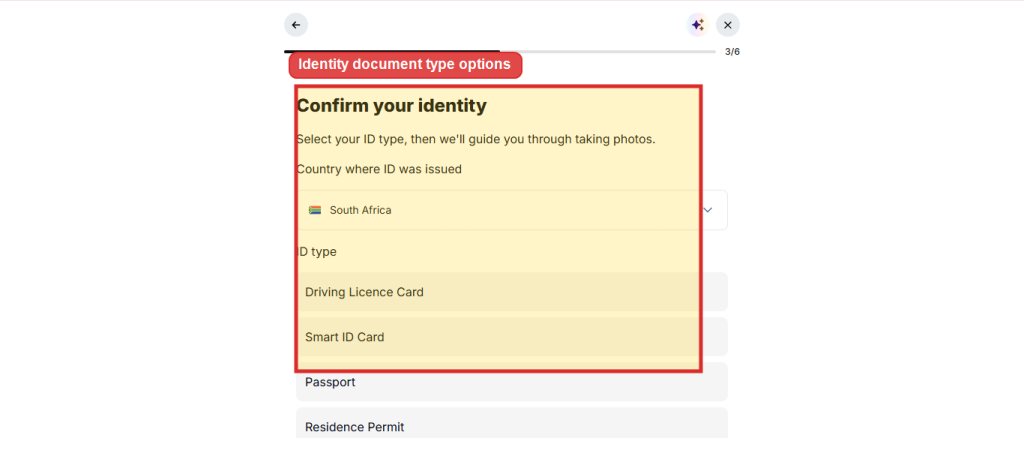 A screen shows an identity verification form asking for the country (South Africa) and ID type, with options for Driving Licence Card and Smart ID Card. This step is essential as part of how to verify your Deriv account by submitting acceptable Deriv proof of identity. A screen shows an identity verification form asking for the country (South Africa) and ID type, with options for Driving Licence Card and Smart ID Card. This step is essential as part of how to verify your Deriv account by submitting acceptable Deriv proof of identity.