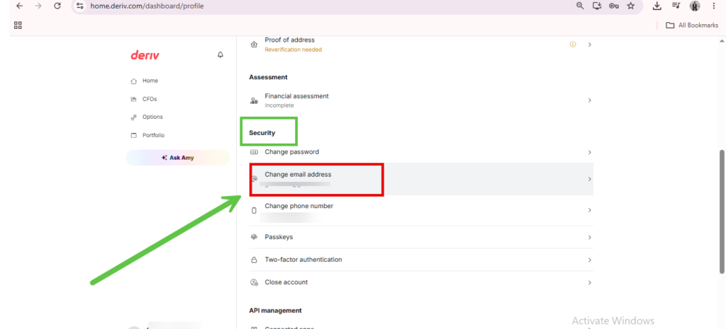 A profile settings page highlights “Change email address” in a red box under the Security section, with a large green arrow pointing at it for emphasis—making it easy for users to quickly update Deriv account email details within the Deriv account settings.