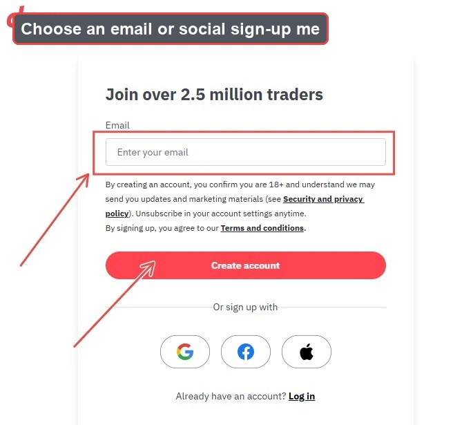 Signup page prompting users to enter their email, with options to create an account or sign up using Google, Facebook, or Apple accounts. Red arrows and boxes highlight steps, making the Deriv registration process clear and straightforward—perfect for those following a Deriv sign‑up guide on how to open a Deriv account.