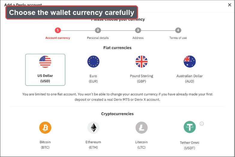 A screen displays options to select a wallet currency: US Dollar, Euro, Pound Sterling, Australian Dollar, Bitcoin, Ethereum, Litecoin, and Tether. A banner reads, "Choose the wallet currency carefully." For more details on each option and how to set up your account step by step, refer to the Deriv sign‑up guide for a smooth Deriv account creation experience.