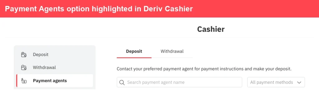 The "Payment agents" option is highlighted in the Deriv Cashier menu. The screen shows tabs for Deposit and Withdrawal, with Deposit selected and a search bar for payment agent names.