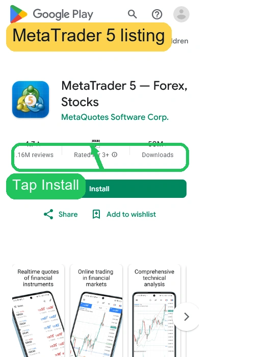 Google Play listing for the MetaTrader 5 (MT5) Android app, showing app name, rating, 1.6M reviews, install button, and preview images with dynamic financial charts—ideal for accessing platforms like Deriv on the go.