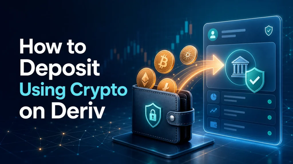 A digital wallet with floating cryptocurrency icons transfers to a digital bank interface, illustrating how to deposit using crypto on Deriv. Text reads: "How to Deposit Using Crypto on Deriv." The scene has a tech and security theme.