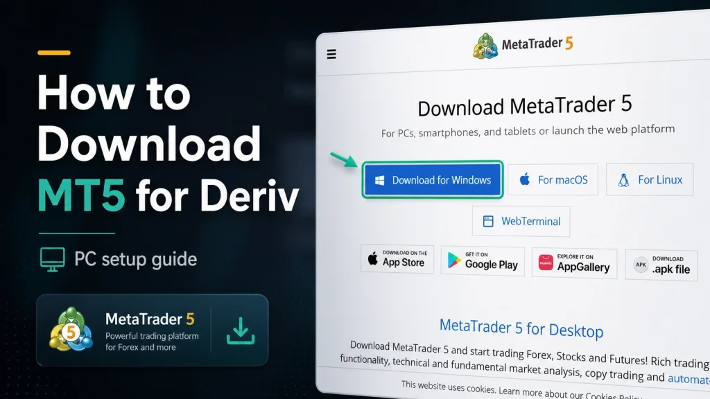 Screenshot showing a MetaTrader 5 download page for Deriv, with a highlighted "Download for Windows" button and options for macOS, Linux, and mobile apps. Text reads: "How to Download MT5 for Deriv," clearly illustrating how to download MetaTrader 5 for Deriv on your preferred device.