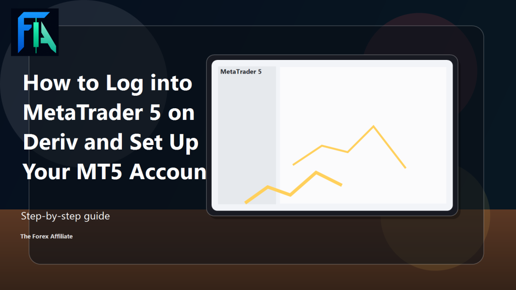 A guide cover image featuring the title “How to Log into MetaTrader 5 on Deriv and Set Up Your MT5 Account,” with a chart graphic and The Forex Affiliate logo—your essential resource on how to log into MT5 on Deriv and set up an MT5 account.