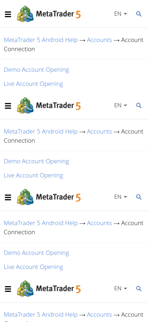 MetaTrader 5 mobile site page showing account connection help, with repeated links for opening a demo or live account on Deriv, and optimized for Android users seeking quick MT5 access.