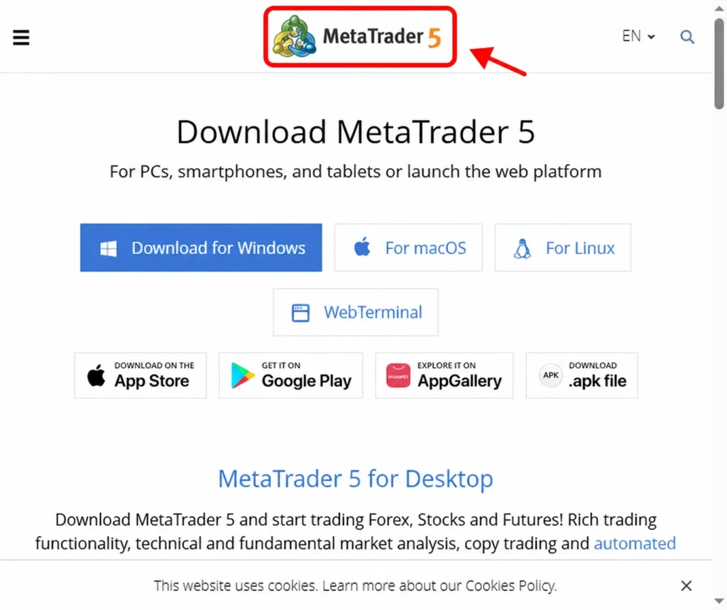 Screenshot of the MetaTrader 5 download page, featuring prominent Download buttons for Windows, macOS, and Linux, along with links to mobile app stores. A red arrow points to the MetaTrader 5 logo at the top, highlighting its compatibility with Deriv platforms.