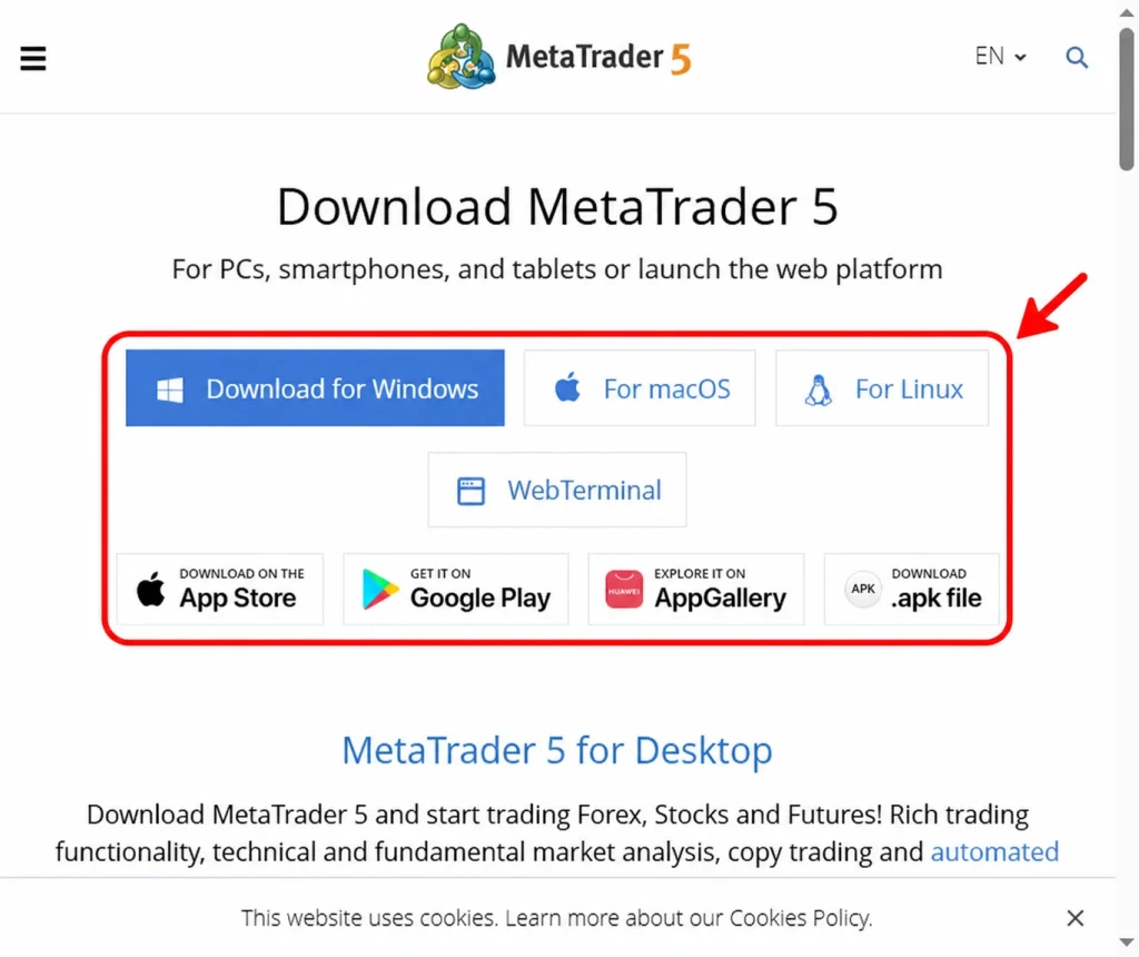 MetaTrader 5 download page featuring prominent buttons for Windows, macOS, Linux, WebTerminal, App Store, Google Play, AppGallery, and APK file—each highlighted by a red box and arrow—for seamless Deriv platform access and quick MetaTrader 5 download.