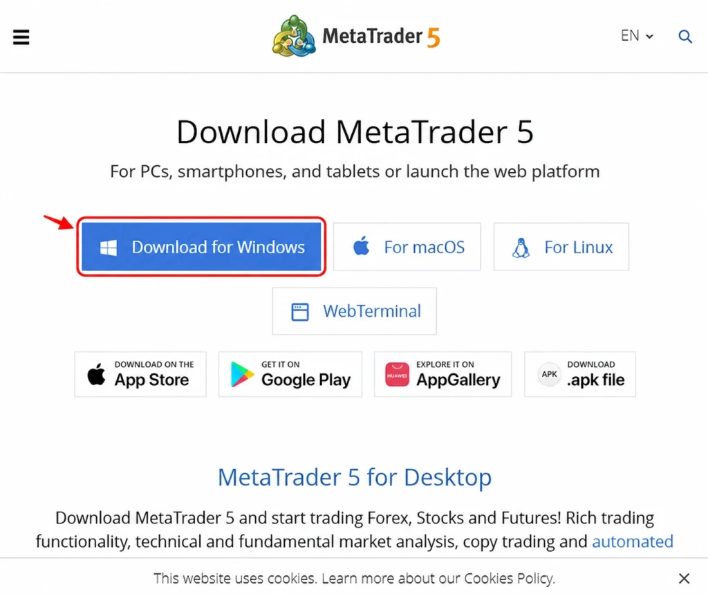 MetaTrader 5 download page by Deriv, featuring buttons for Windows, macOS, Linux, web terminal, Google Play, AppGallery, and APK. An arrow highlights the "Download for Windows" button.