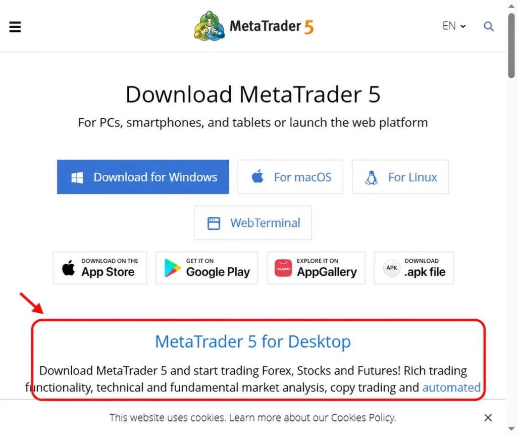 MetaTrader 5 download page with options for Windows, macOS, Linux, and app stores; a red arrow and box highlight “MetaTrader 5 for Desktop” and its brief description, making it easy for Deriv users to find the right Download option.